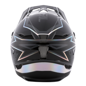 A black O'NEAL FURY helmet RAPID motorcycle helmet with geometric silver and iridescent accents, front view, has a central ventilation opening and a slim, angular ABS design.
