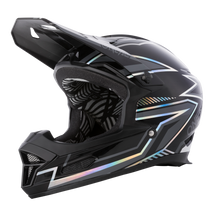 The O'NEAL FURY helmet RAPID is a black full-face mountain bike helmet with white, blue and iridescent geometric patterns, visor, chin guard and padded ABS interior.