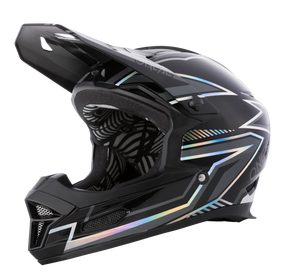 The O'NEAL FURY helmet RAPID is a black full-face mountain bike helmet with white, blue and iridescent geometric patterns, visor, chin guard and padded ABS interior.