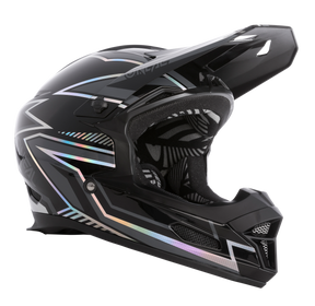 The O'NEAL FURY helmet RAPID is a black full-face helmet with an aerodynamic visor, silver, gray and iridescent geometric accents on the ABS shell and an inner padding with a unique black and white pattern.