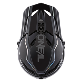 Top view of the elegant black O'NEAL FURY helmet RAPID with angular design, gray accents and eye-catching "O'NEAL" logo - perfect for riders looking for a stylish, protective mountain bike helmet.