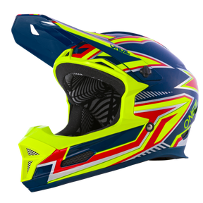 The O'NEAL FURY helmet RAPID has a blue base with neon yellow and red geometric patterns, a black and white interior and a large visor - ideal for head protection when off-road motorcycling or as a stylish mountain bike helmet.