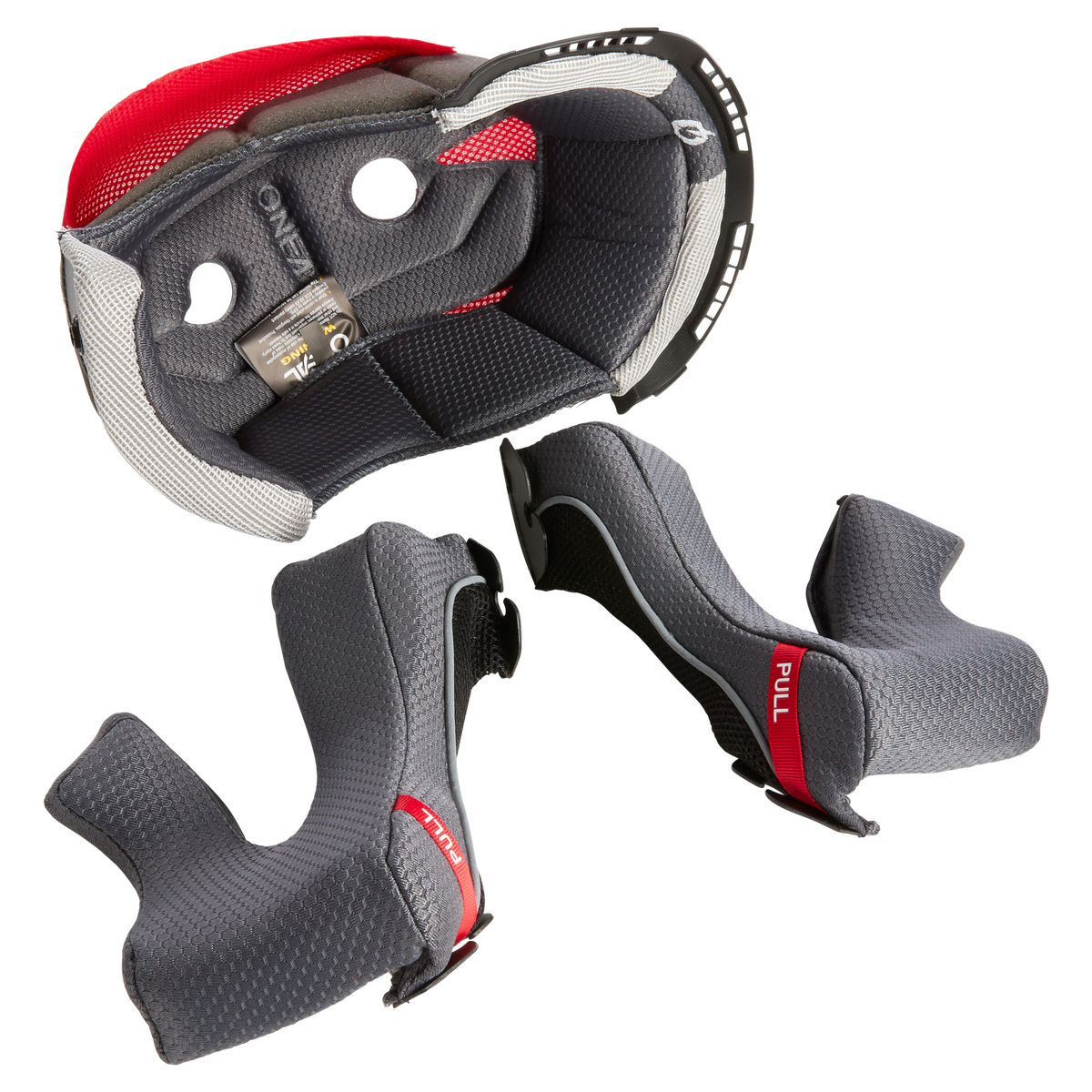 Le set de casque O'NEAL Liner & Cheek Pads 10SRS se compose d'une doublure grise et de deux plaquettes de joues amovibles avec des languettes "PULL" rouges, représentées séparément sur un fond blanc.
