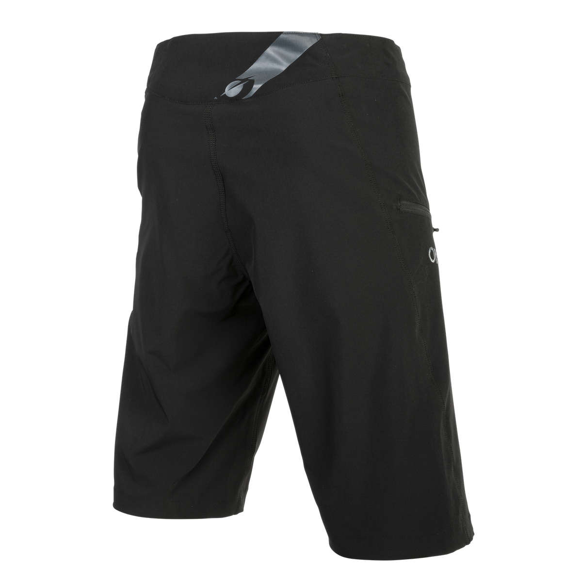 Schwarze, knielange O'NEAL MATRIX Chamois Shorts von O'NEAL mit seitlicher Reißverschlusstasche und dezentem grauen Bund - ideal für MTB-Ausrüstung. Abgebildet auf einfarbigem Hintergrund.