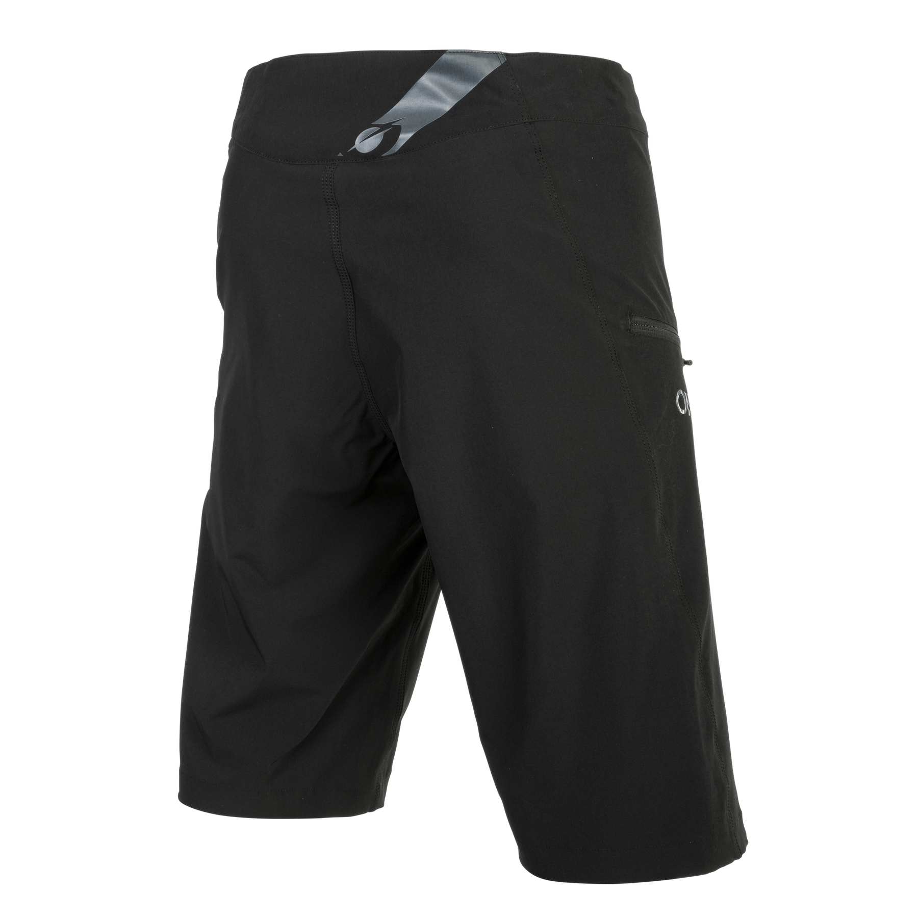 Schwarze, knielange O'NEAL MATRIX Chamois Shorts von O'NEAL mit seitlicher Reißverschlusstasche und dezentem grauen Bund - ideal für MTB-Ausrüstung. Abgebildet auf einfarbigem Hintergrund.