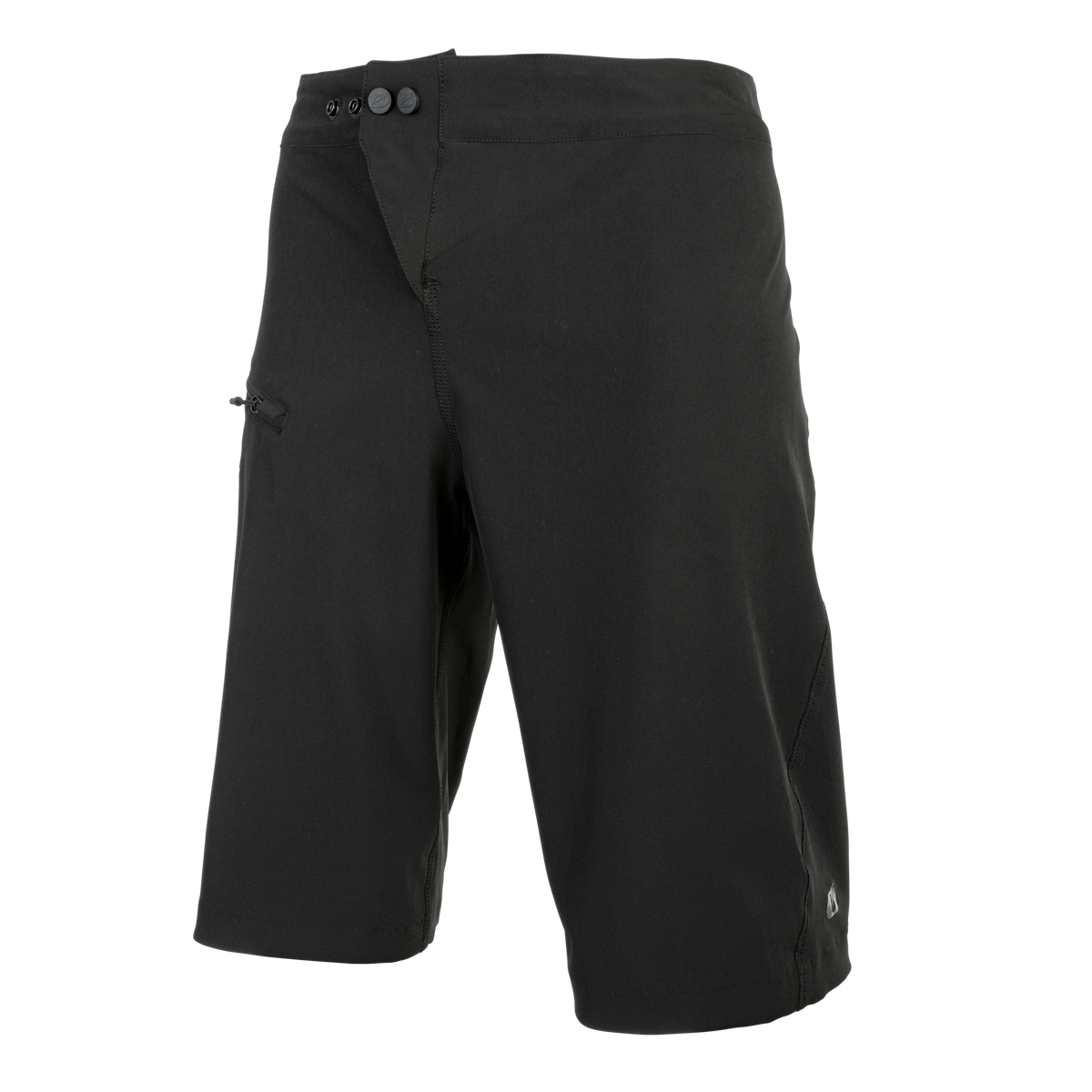 Die O'NEAL MATRIX Chamois Shorts in Schwarz hat ein knielanges Design, einen Knopfverschluss und eine Seitentasche mit Reißverschluss - ideal für MTB-Ausrüstung - auf einem unifarbenen Hintergrund.
