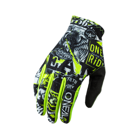 Le gant MATRIX ATTACK d'O'NEAL se caractérise par un matériau de base noir avec des graphiques blancs et jaunes fluo accrocheurs, des motifs voyants, un design d'aigle et des textes accrocheurs comme "ONE" et "RIDE", ce qui en fait un gant exceptionnel pour chaque sortie.