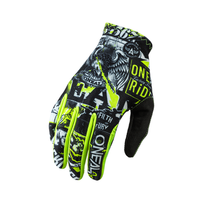 Il guanto O'NEAL Matrix ATTACK è caratterizzato da un materiale di base nero con accattivanti grafiche bianche e giallo neon, motivi sorprendenti, un design ad aquila e testi accattivanti come "ONE" e "RIDE", che lo rendono un guanto eccezionale per ogni corsa.