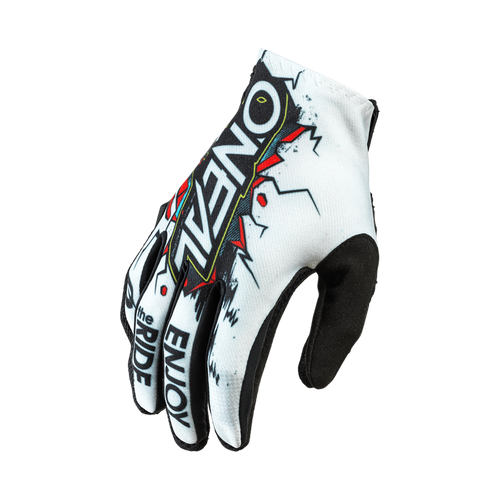 Der O'NEAL MATRIX Handschuh VILLAIN ist ein weißer Mountainbike-Handschuh mit schwarzer und roter Grafik, 