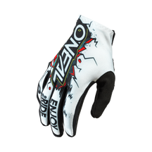 The O'NEAL MATRIX glove children's Villain is a black and white children's glove with eye-catching graphics, red accents, "O'NEAL" on the top and "ENJOY THE RIDE" on the fingers - the perfect modern motorsport equipment for young riders.