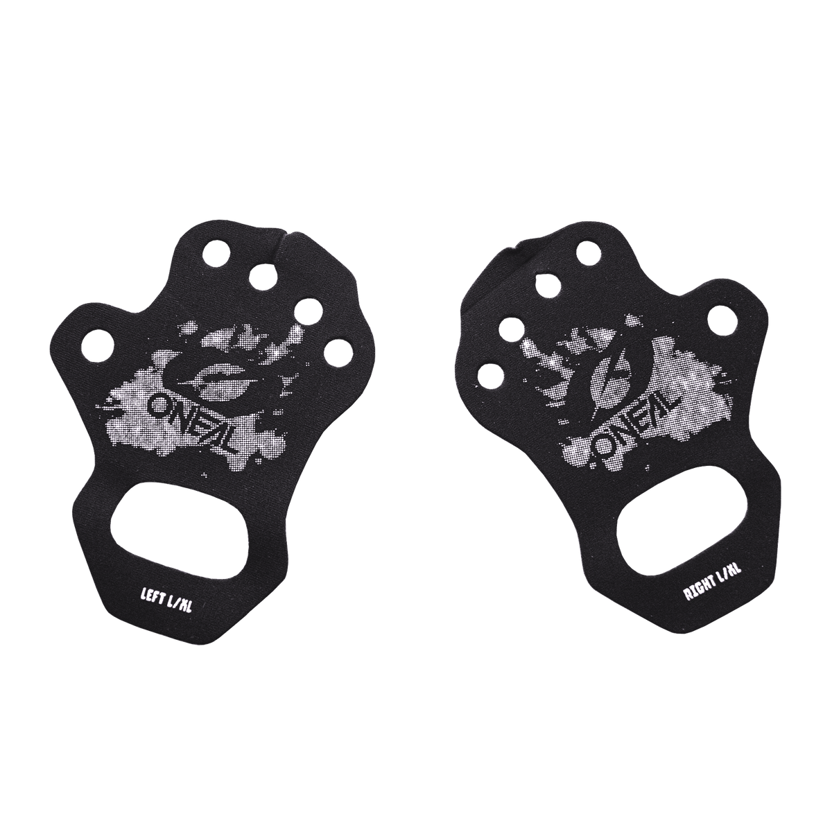 Un par de puños protectores de palma O'NEAL negros con diseño de salpicaduras blancas, etiquetados "IZQUIERDA/L/L" y "DERECHA/R/L". Ideales para pilotos que buscan comodidad y control en MX o MTB. Marca: O'NEAL.