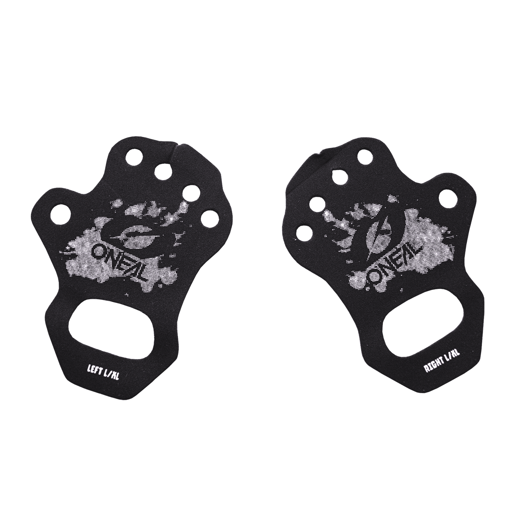 Ein Paar schwarze O'NEAL Handflächenschützer Griffe mit weißem Spritzerdesign, beschriftet mit "LEFT/L/L" und "RIGHT/R/L". Ideal für Fahrer, die Komfort und Kontrolle im MX oder MTB suchen. Marke: O'NEAL.