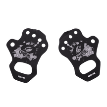 Un par de puños protectores de palma O'NEAL negros con diseño de salpicaduras blancas, etiquetados "IZQUIERDA/L/L" y "DERECHA/R/L". Ideales para pilotos que buscan comodidad y control en MX o MTB. Marca: O'NEAL.