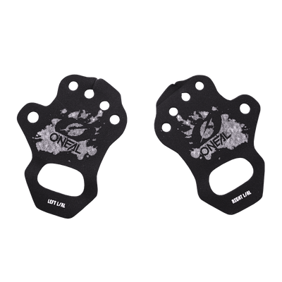 Ein Paar schwarze O'NEAL Handflächenschützer Griffe mit weißem Spritzerdesign, beschriftet mit "LEFT/L/L" und "RIGHT/R/L". Ideal für Fahrer, die Komfort und Kontrolle im MX oder MTB suchen. Marke: O'NEAL.