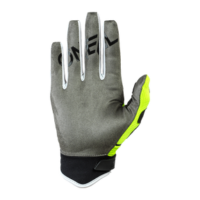 Se muestra un único guante O'NEAL Revolution Nanofront de color gris con detalles en negro y amarillo neón, con la palma hacia arriba. Lleva impreso "ONEAL" en los dedos y un cierre de velcro negro en la muñeca.