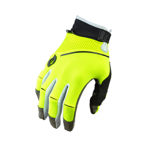 El guante O'NEAL Revolution Nanofront es un guante de ciclismo de dedos completos de color amarillo brillante con detalles en negro y gris, cierre de velcro en la muñeca y malla transpirable, perfecto como guante de MTB o MX.