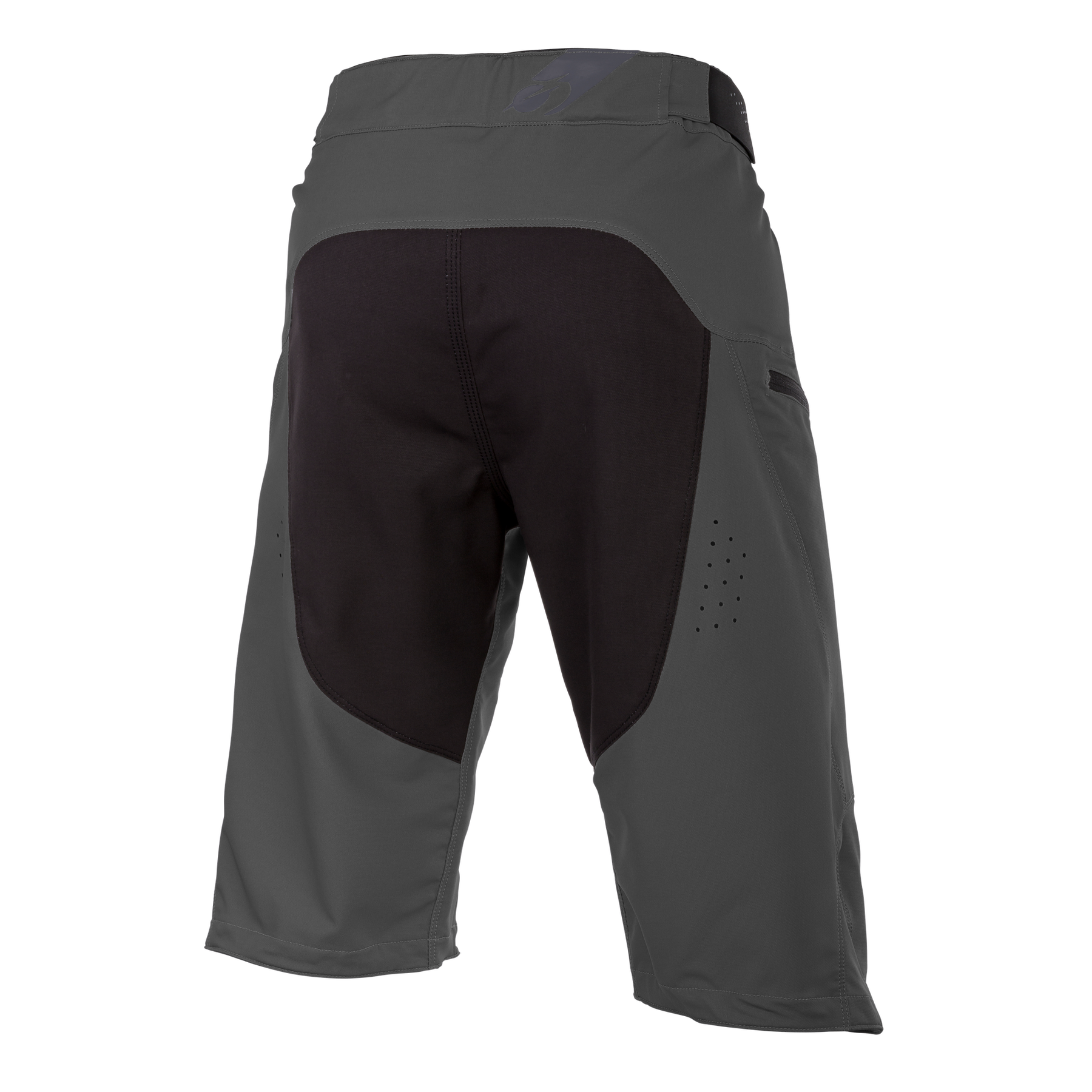 Die O'NEAL ROCKSTACKER Shorts von O'NEAL ist grau, von hinten gesehen, mit einem großen schwarzen Gesäß und einer Innenseite der Oberschenkel für zusätzlichen Schutz, kleinen seitlichen Belüftungslöchern und einer praktischen Seitentasche.