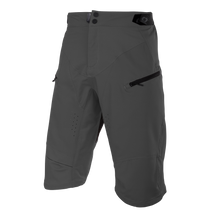 The O'NEAL ROCKSTACKER shorts are knee-length, dark grey shorts with two zippered thigh pockets, ventilation holes above the knees and a button closure at the waist. Lightweight material from O'NEAL ensures comfort and reliable protection during active wear.