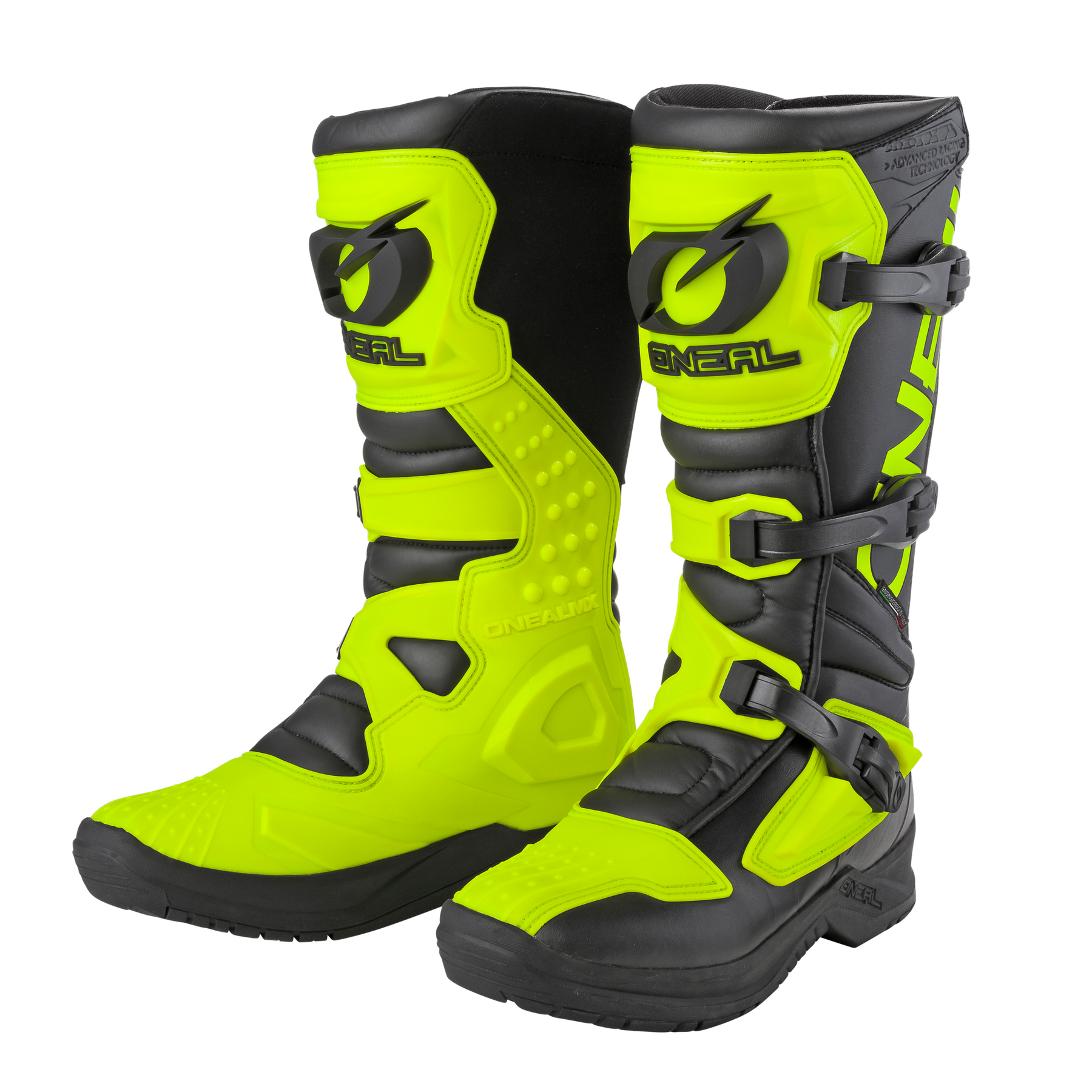 Die O'NEAL RSX Stiefel sind leuchtend gelbe und schwarze Motocross-Stiefel mit verstärkten Riemen, Schnallen, Schutzplatten, robusten Sohlen und dem O'NEAL-Logo auf der Vorderseite - ideal für den Einsatz im Gelände.