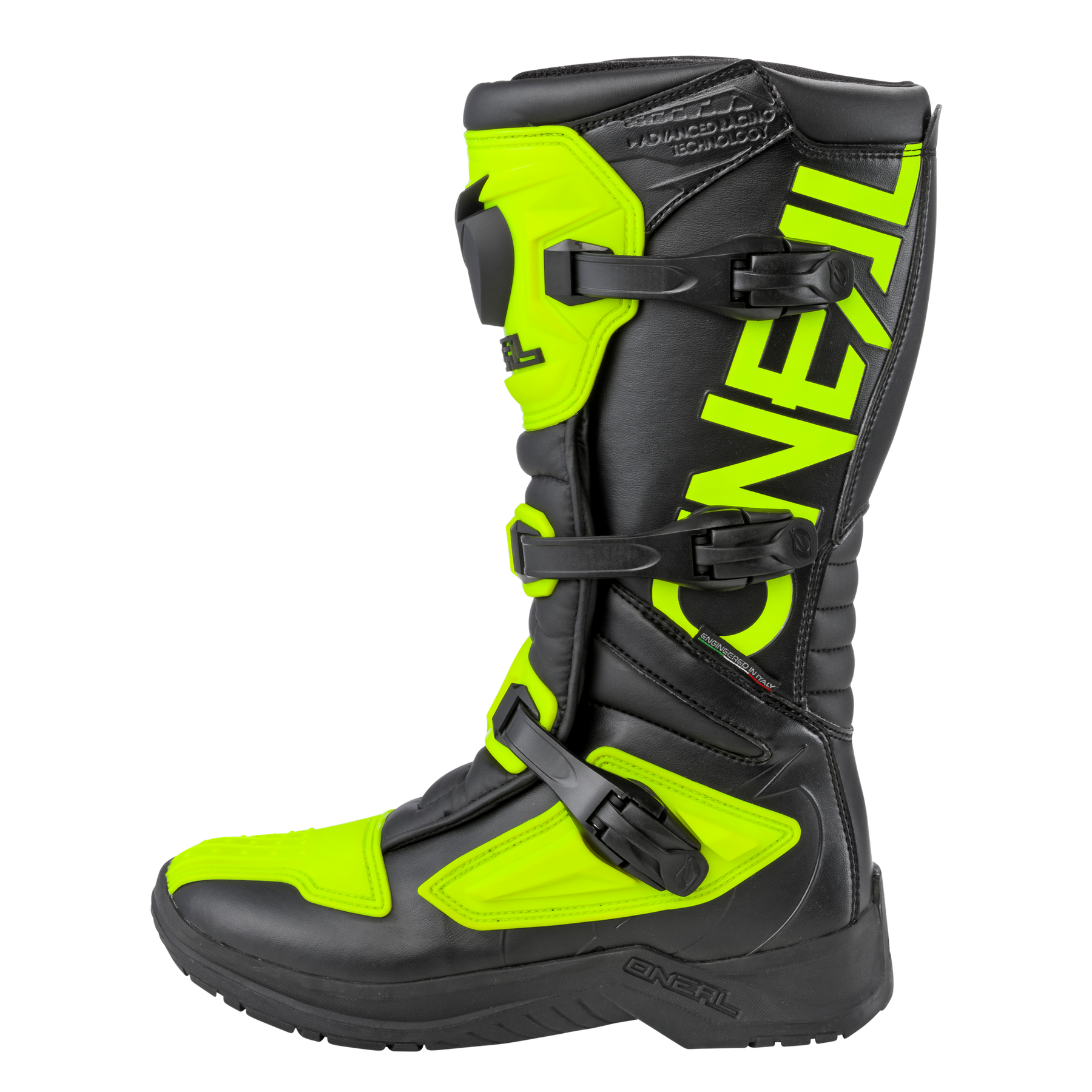 Der O'NEAL RSX Stiefel in Schwarz und Neongelb verfügt über drei verstellbare Schnallen, einen verstärkten Schienbeinschutz und ein auffälliges O'NEAL Branding an der Seite.