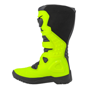 Un singolo stivale O'NEAL RSX in nero e giallo neon con suola strutturata, protezione tibia e inserti rinforzati, vista laterale su sfondo bianco.