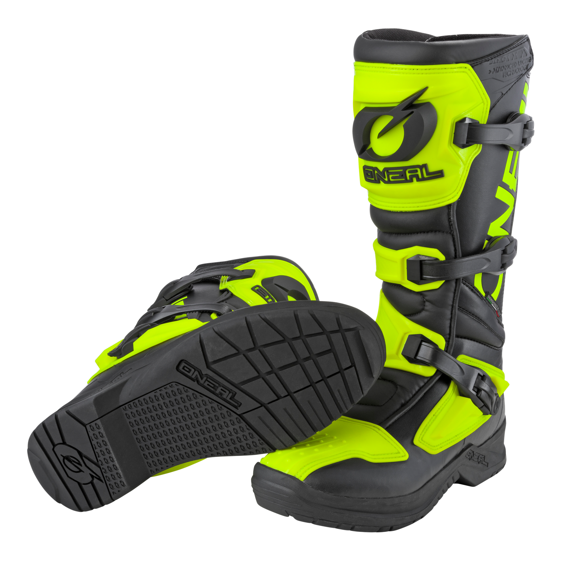 Ein Paar O'NEAL RSX Stiefel in Schwarz und Neongelb, mit drei verstellbaren Schnallen, griffiger Sohle und markantem O'NEAL-Branding an den Seiten und an der Unterseite.