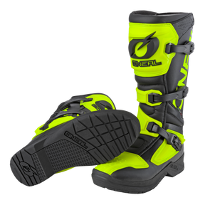 Un paio di stivali O'NEAL RSX in nero e giallo neon, con tre fibbie regolabili, suola aderente e il marchio O'NEAL sui lati e sulla parte inferiore.