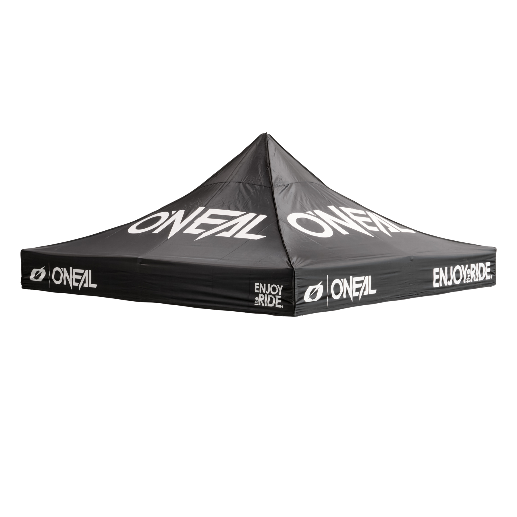 La copertura O'NEAL RACE TENT è una tettoia nera con il logo O'NEAL e la scritta "ENJOY THE RIDE" stampata in bianco su tutti i lati e sul tetto.