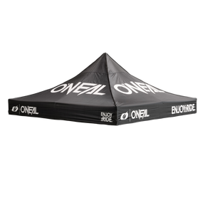 La copertura O'NEAL RACE TENT è una tettoia nera con il logo O'NEAL e la scritta "ENJOY THE RIDE" stampata in bianco su tutti i lati e sul tetto.