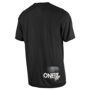 The O'NEAL VAULT Jersey is a black short-sleeved T-shirt with a white "ONEAL 1970" logo and geometric design - ideal as a casual mountain bike jersey or as a breathable jersey for every tour.
