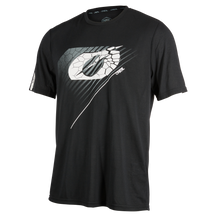 The O'NEAL VAULT Jersey is a black, short-sleeved mountain bike top with a large, stylized logo with cracks and grey and white diagonal chest lines. A small O'NEAL lettering emphasizes the sporty appearance.