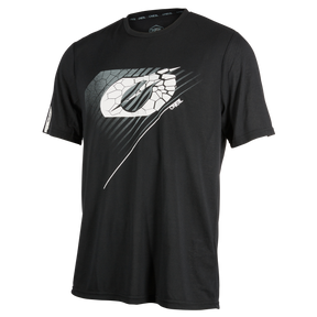 The O'NEAL VAULT Jersey is a black, short-sleeved mountain bike top with a large, stylized logo with cracks and grey and white diagonal chest lines. A small O'NEAL lettering emphasizes the sporty appearance.