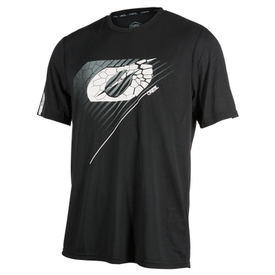 The O'NEAL VAULT Jersey is a black, short-sleeved mountain bike top with a large, stylized logo with cracks and grey and white diagonal chest lines. A small O'NEAL lettering emphasizes the sporty appearance.