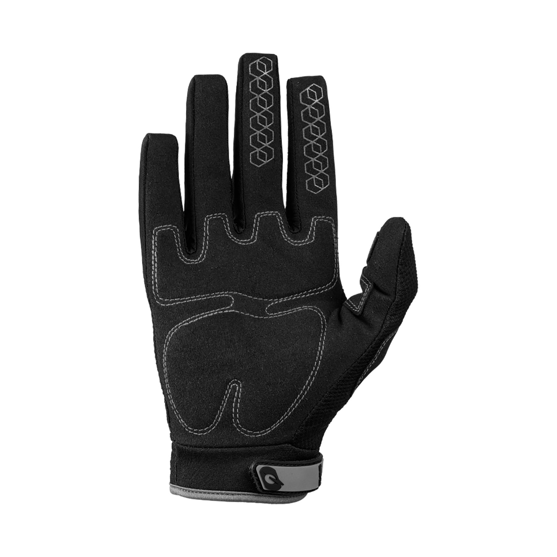 Der O'NEAL SNIPER ELITE Handschuh ist ein schwarzer MTB-Handschuh mit weißen Nähten, gepolsterter Handfläche, Klettverschluss am Handgelenk, drei langen Fingern und strukturierten Griffen für mehr Kontrolle. Handfläche zeigt nach oben. Marke: O'NEAL.