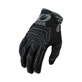 Il guanto O'NEAL Sniper ELITE nero con logo e motivo geometrico grigio è raffigurato con il palmo rivolto verso il basso su sfondo bianco e unisce stile e prestazioni per i piloti di motocross.