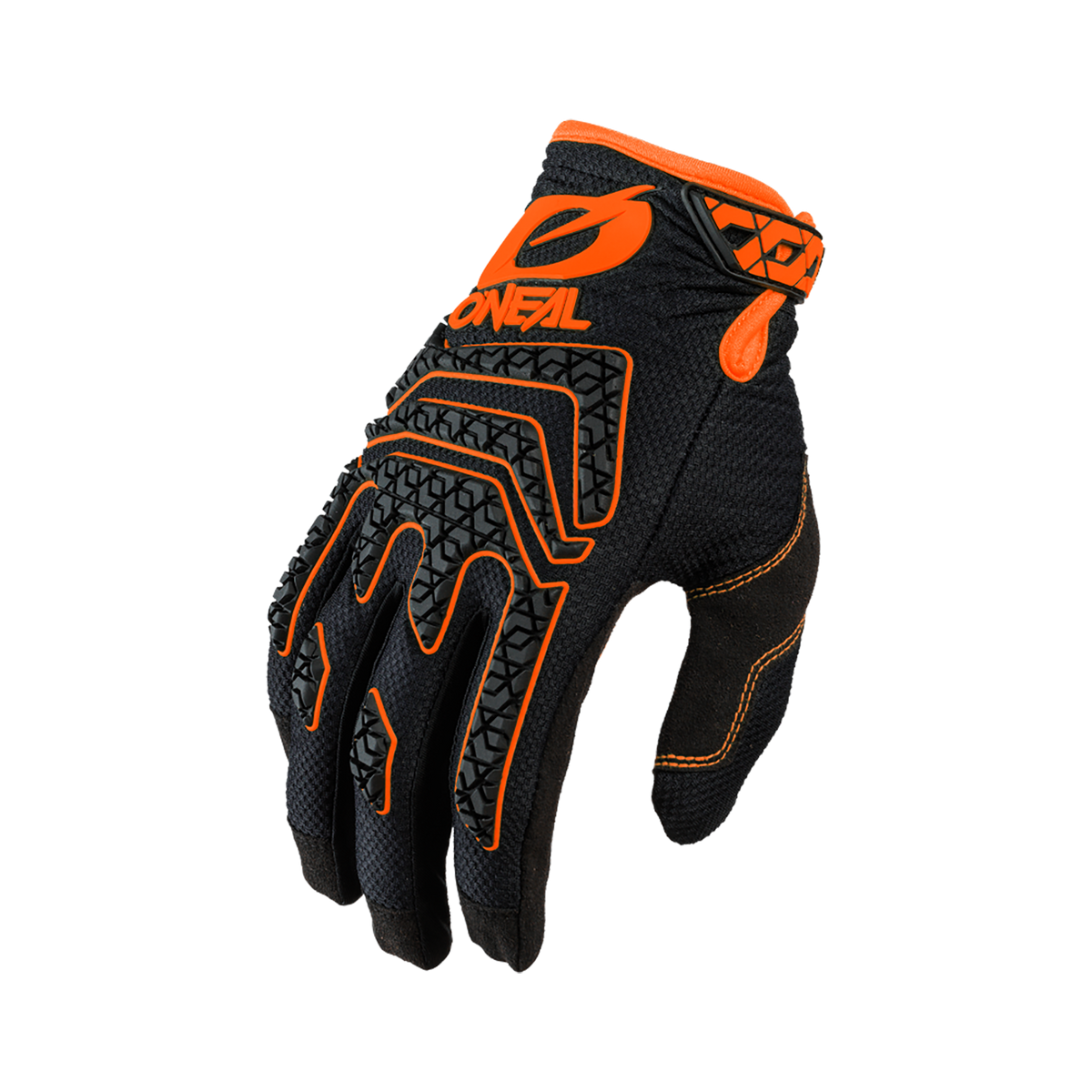 Der O'NEAL SNIPER ELITE Handschuh von O'NEAL zeichnet sich durch ein auffälliges schwarz-oranges Design mit geometrischen Mustern, orangefarbenen Nähten und markanten Logos aus - ideal für Motocross oder als MTB-Handschuh.