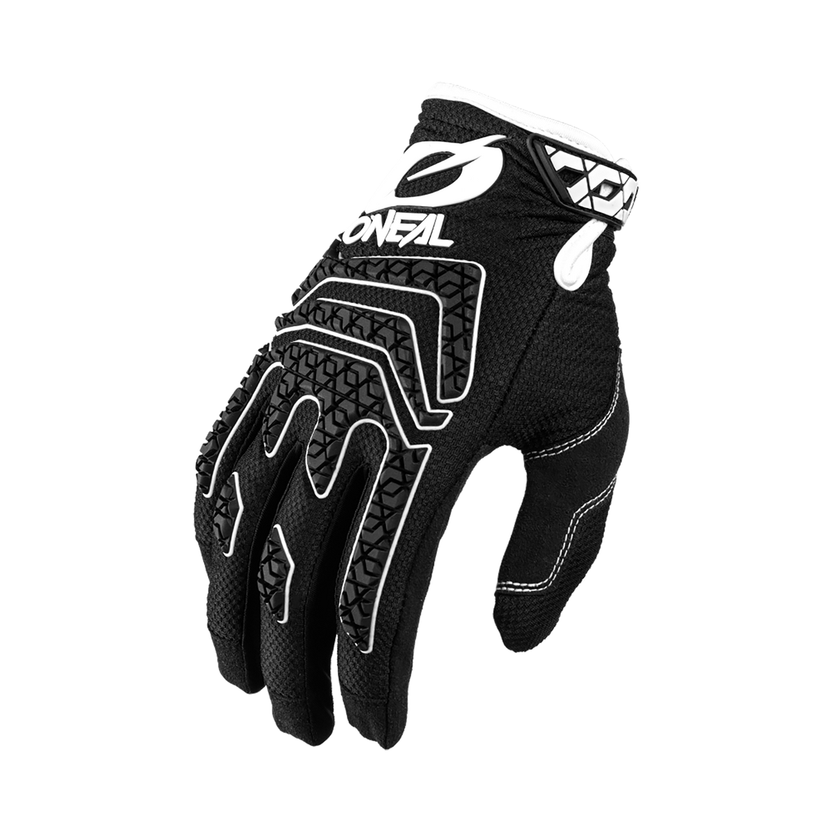 Der O'NEAL SNIPER ELITE Handschuh in Schwarz zeichnet sich durch weiße Akzente, geometrische Muster, ein Markenlogo am Handgelenk und atmungsaktives Material an den Fingern und der Rückseite aus.