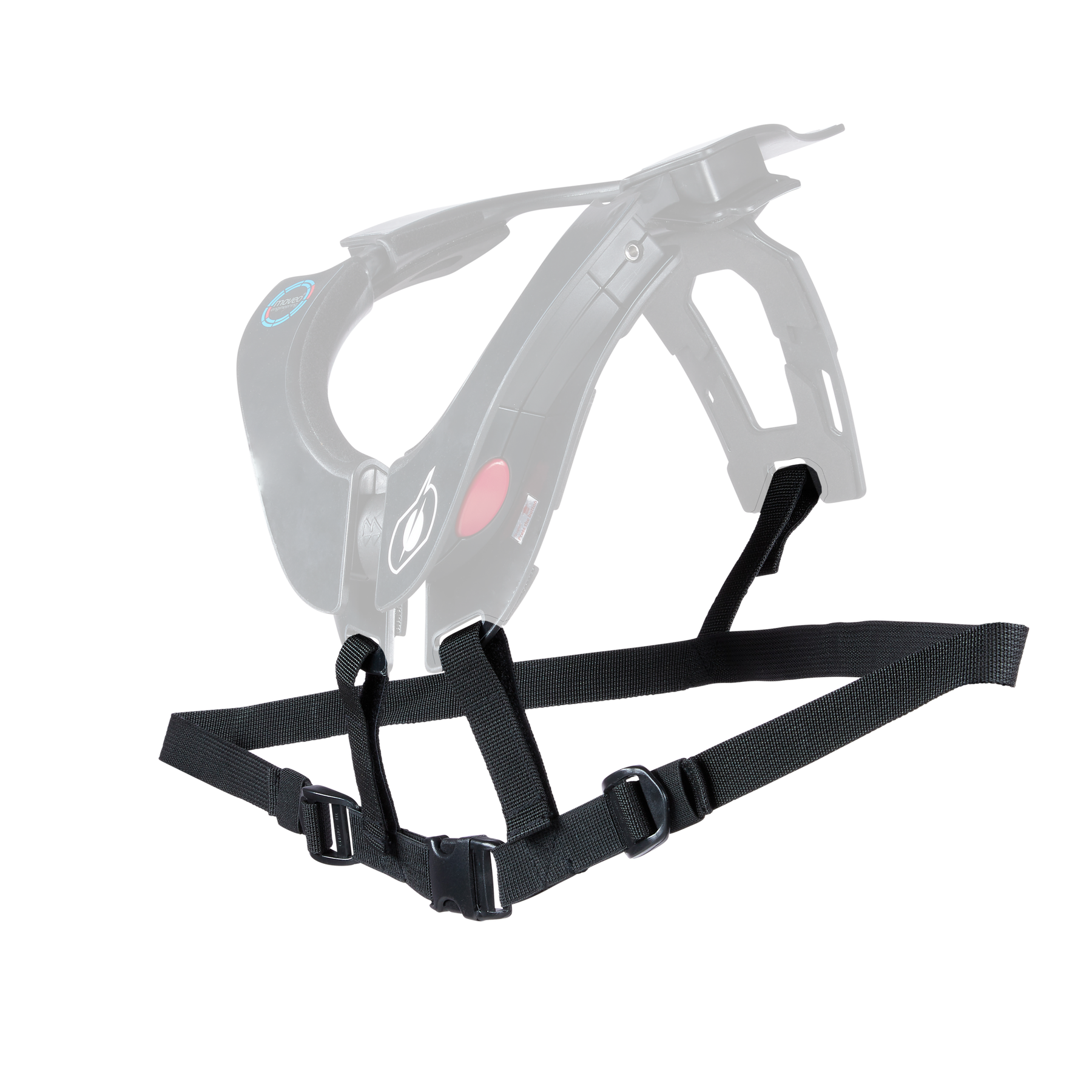 Das O'NEAL Harness TRON Neckbrace ist ein schwarzes, freihändig tragbares Gerät mit verstellbaren Riemen, einem Griff, einem roten Knopf und einem blauen Logo, das für eine komfortable Unterstützung konzipiert ist.