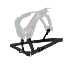 The O'NEAL Harness TRON Neckbrace is a black, hands-free device with adjustable straps, a handle, a red button and a blue logo, designed for comfortable support.