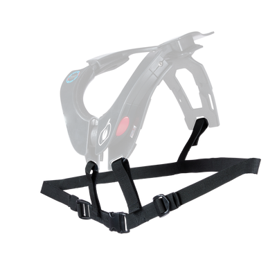 The O'NEAL Harness TRON Neckbrace is a black, hands-free device with adjustable straps, a handle, a red button and a blue logo, designed for comfortable support.