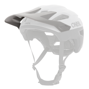 The O'NEAL Visor TRAILFINDER Helmet SPLIT in white and black features a visor, ventilation holes and an adjustable chin strap. Shown on a plain white background.