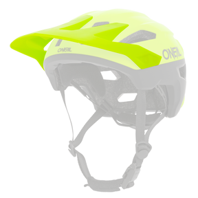 The O'NEAL Visor TRAILFINDER Helmet SPLIT is a bright yellow and black bike helmet with visor and adjustable chin strap, designed by O'NEAL for safety and excellent ventilation.