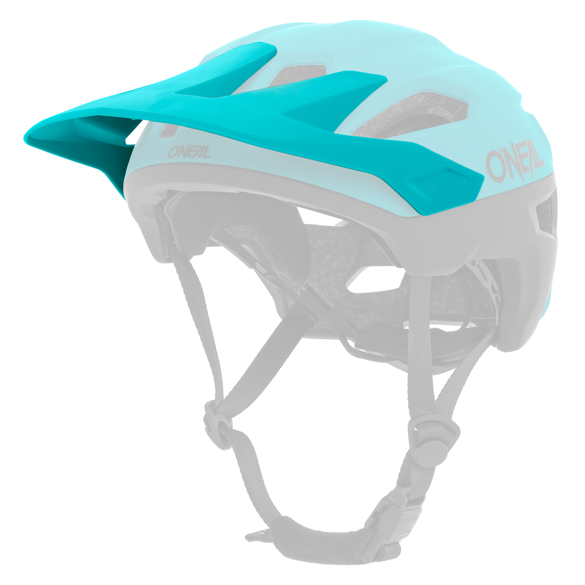 Der O'NEAL Visor TRAILFINDER Helmet SPLIT ist ein teal-schwarzer Mountainbike-Helm mit Visier und verstellbaren Riemen, der Kopfschutz und Belüftung bietet.