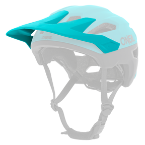 The O'NEAL Visor TRAILFINDER Helmet SPLIT is a teal and black mountain bike helmet with visor and adjustable straps that offers head protection and ventilation.