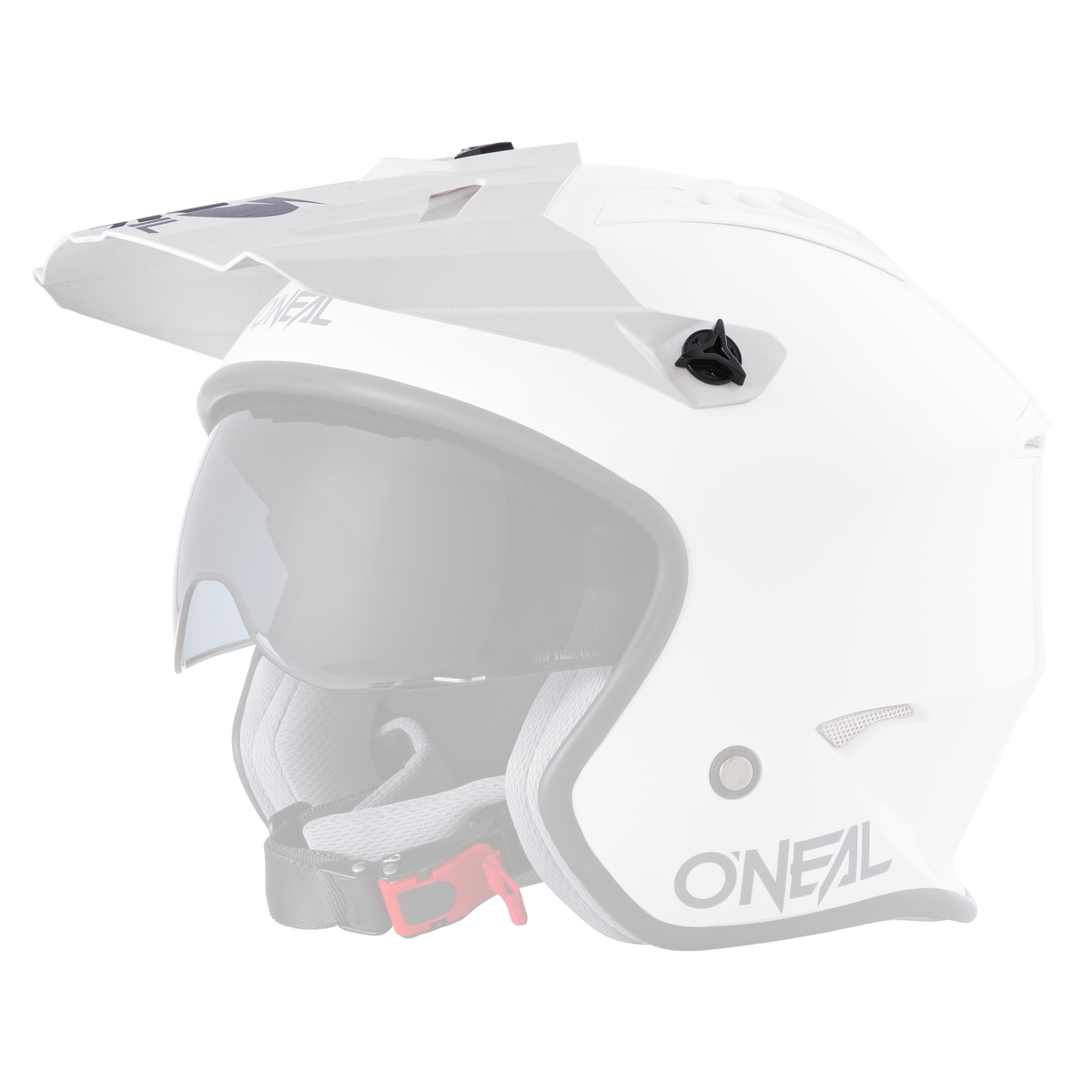Ein O'NEAL Visor VOLT Helm SOLID in Weiß mit Visier, Sonnenblende und Kinnriemen ist im Seitenprofil vor einem einfarbigen Hintergrund abgebildet.
