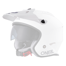 An O'NEAL Visor VOLT helmet SOLID in white with visor, sun visor and chin strap is shown in side profile against a monochrome background.