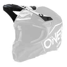 Der O'NEAL Visor 5SRS Helmet HEXX ist ein schwarz-weißer Motocross-Helm mit Visier, Netzbelüftung und auffälligem O'NEAL-Logo an der Seite, der für das Fahren im Gelände konzipiert wurde.