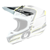 Der O'NEAL Visor 5SRS Polyacrylite Helmet SLEEK ist ein weißer, schwarzer und gelber Motocross-Helm mit spitzem Visier, aerodynamischem Design, Belüftungslöchern und auffälligen geometrischen Mustern.