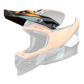 Der O'NEAL Visor 8SRS Helm BLIZZARD von O'NEAL hat ein schwarzes, orangefarbenes, weißes und graues Design mit einem markanten Visier, einem Kinnschutz, einer Mesh-Mundöffnung und aerodynamischen, sportlichen Konturen.