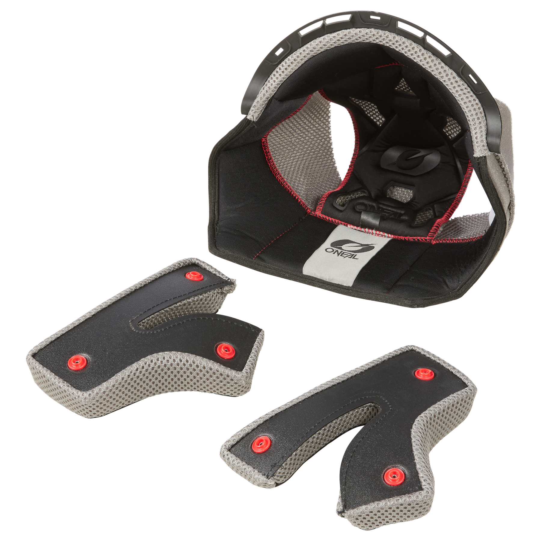 Die O'NEAL Liner & Cheek Pads für den BACKFLIP-Helm bestehen aus abnehmbarem schwarzem und grauem Netzmaterial mit roten Druckknöpfen auf weißem Hintergrund.